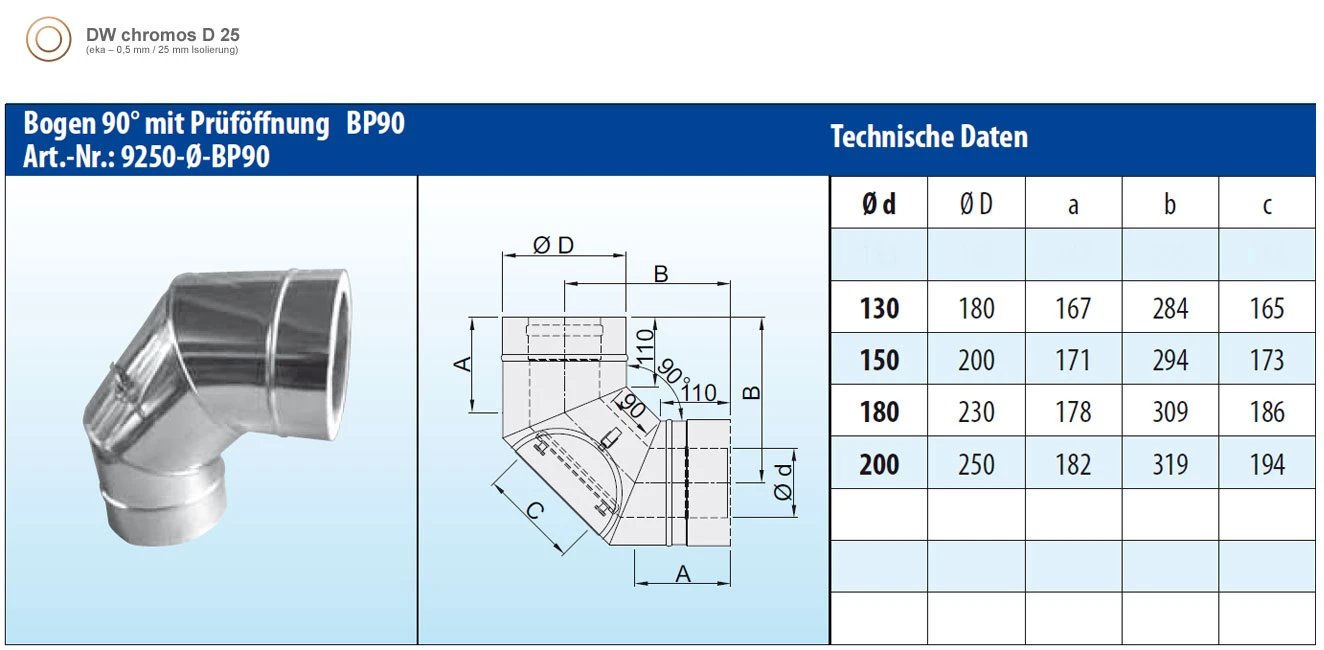 Schornstein Winkel 90° Doppelwandig Mit Prüföffnung - Eka Chromos D 25 – Bild 2