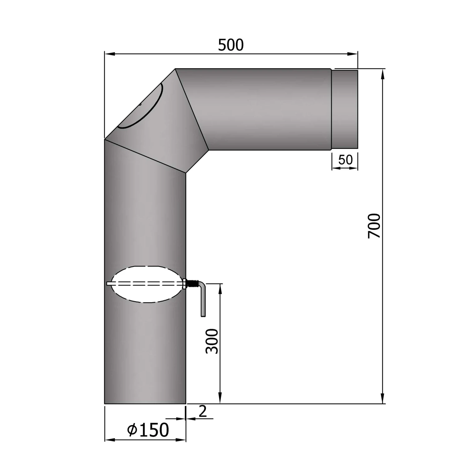 Anschlussrohr Stahl 2x 45° 700 X 500 Mm Hellgrau Mit Tür, Drosselklappe – Bild 4