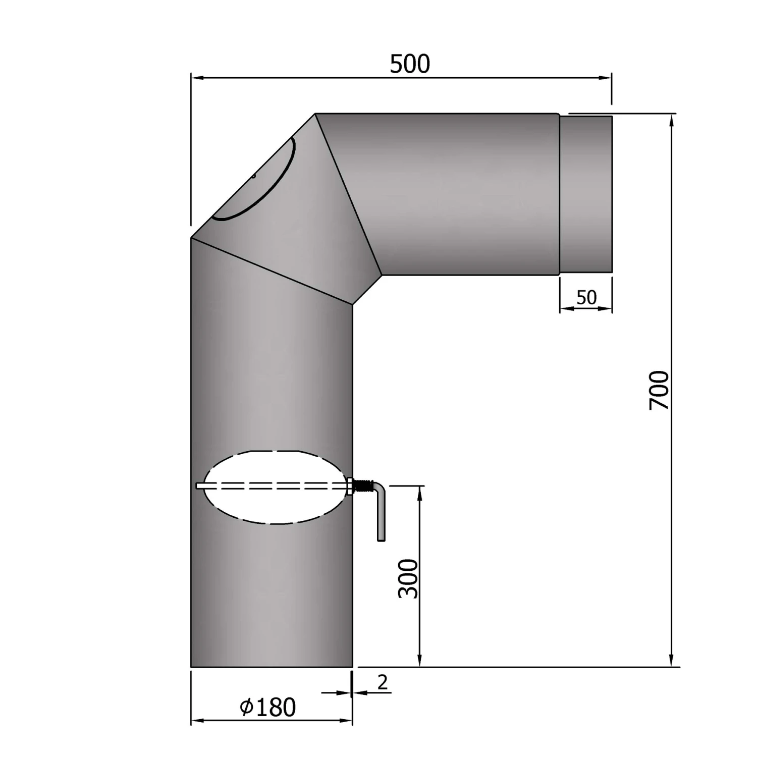Anschlussrohr Stahl 2x 45° 700 X 500 Mm Hellgrau Mit Tür, Drosselklappe – Bild 3