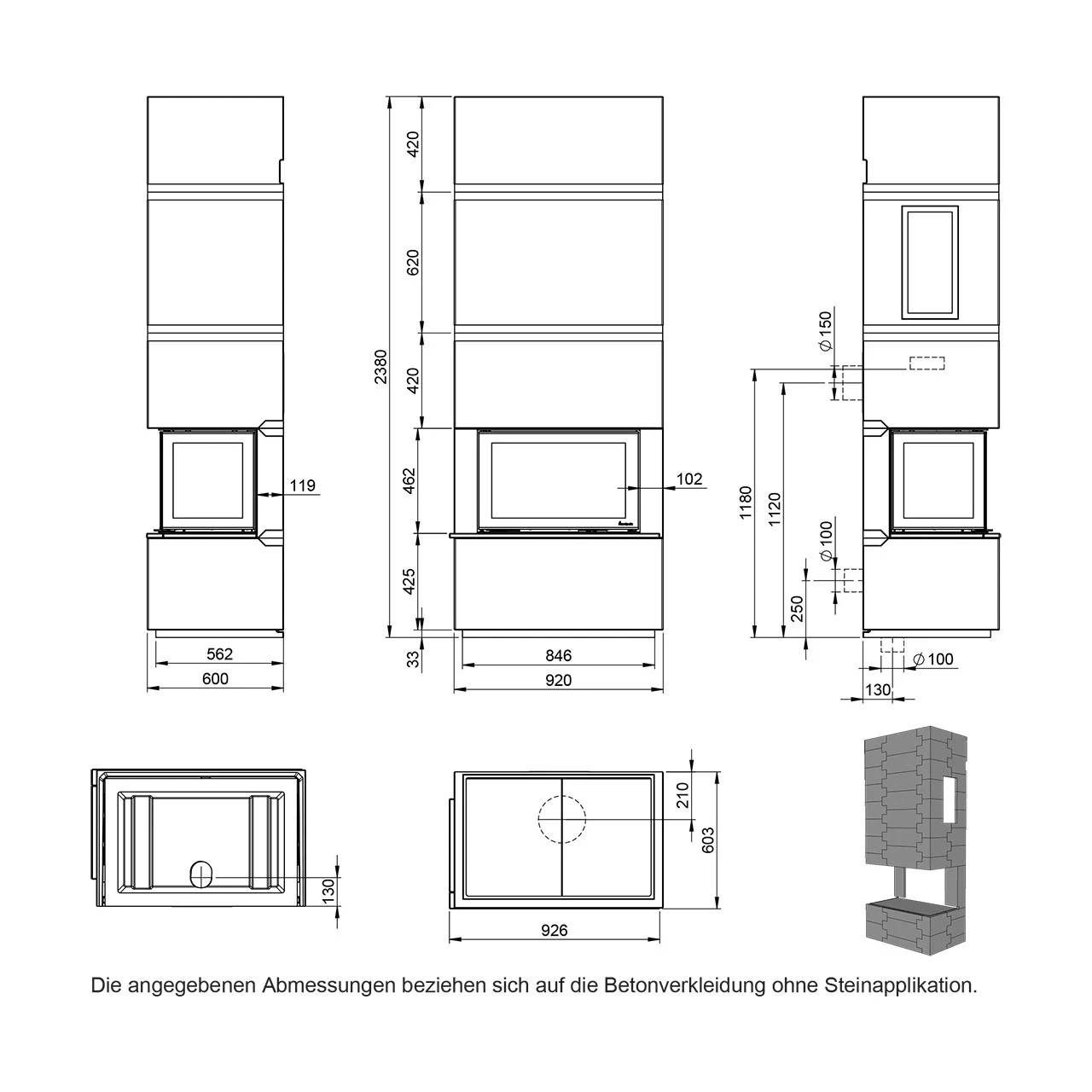 Kaminbausatz Nordpeis DAVOS U STONE, 8.9 KW – Bild 4