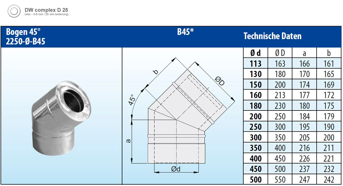 Schornstein Winkel 45° Doppelwandig - Eka Complex D 25 – Bild 2